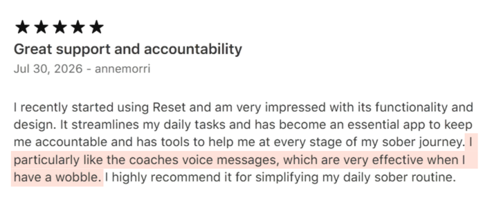 Genuine RESET App Store review about coach voice messages and accountability