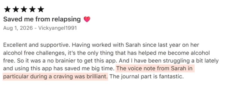 Genuine RESET App Store review about Sarah's voice note providing support during a craving