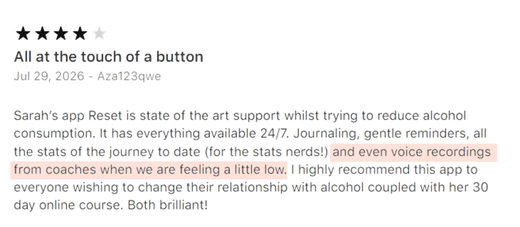 Genuine RESET App Store review about coach voice support at the touch of a button