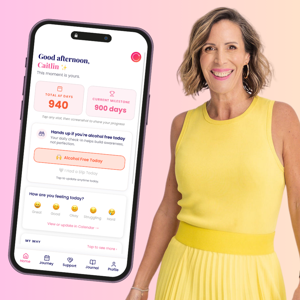 Sarah Rusbatch beside the RESET app home screen